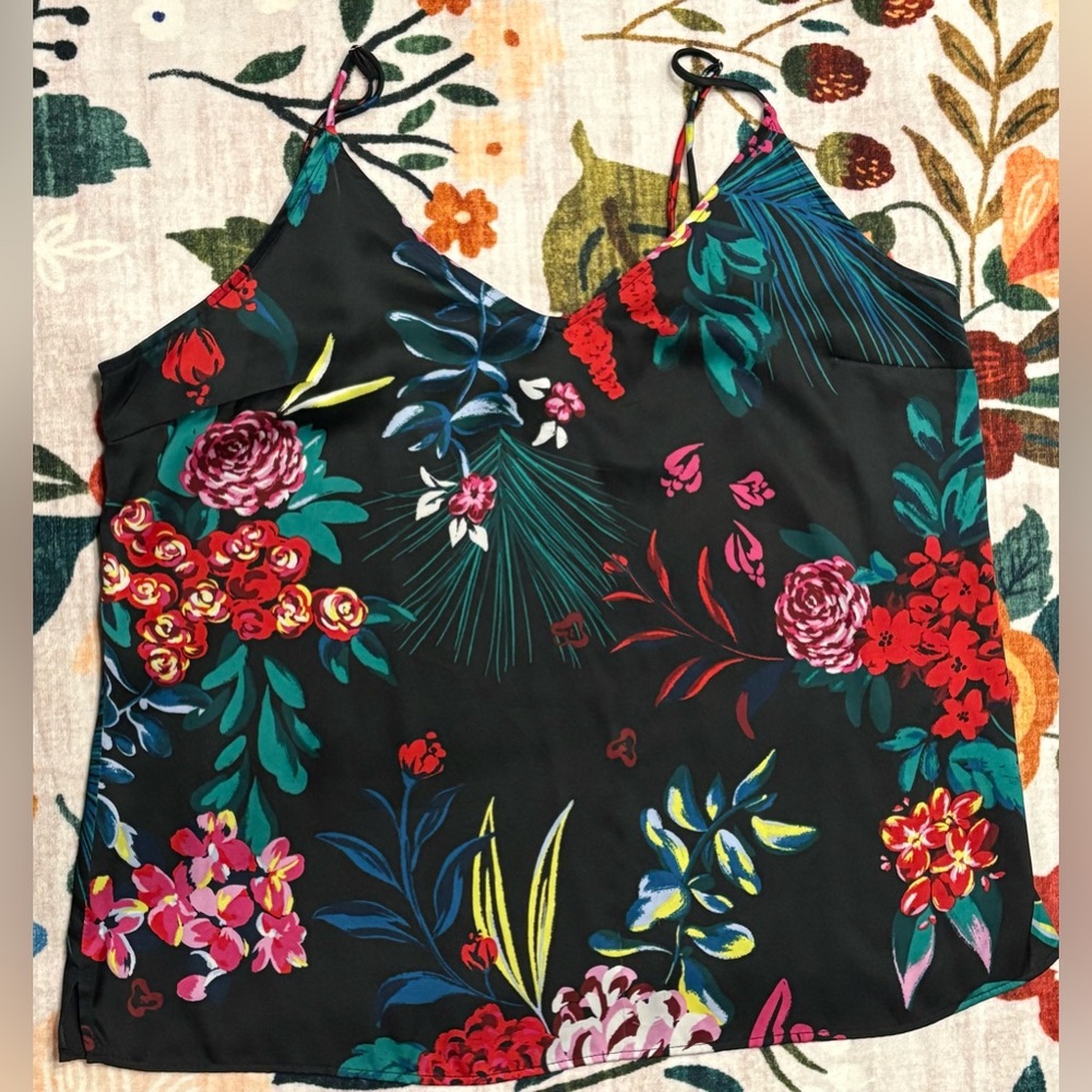 stars above Black Floral V-Neck Cami with Multicolor Print